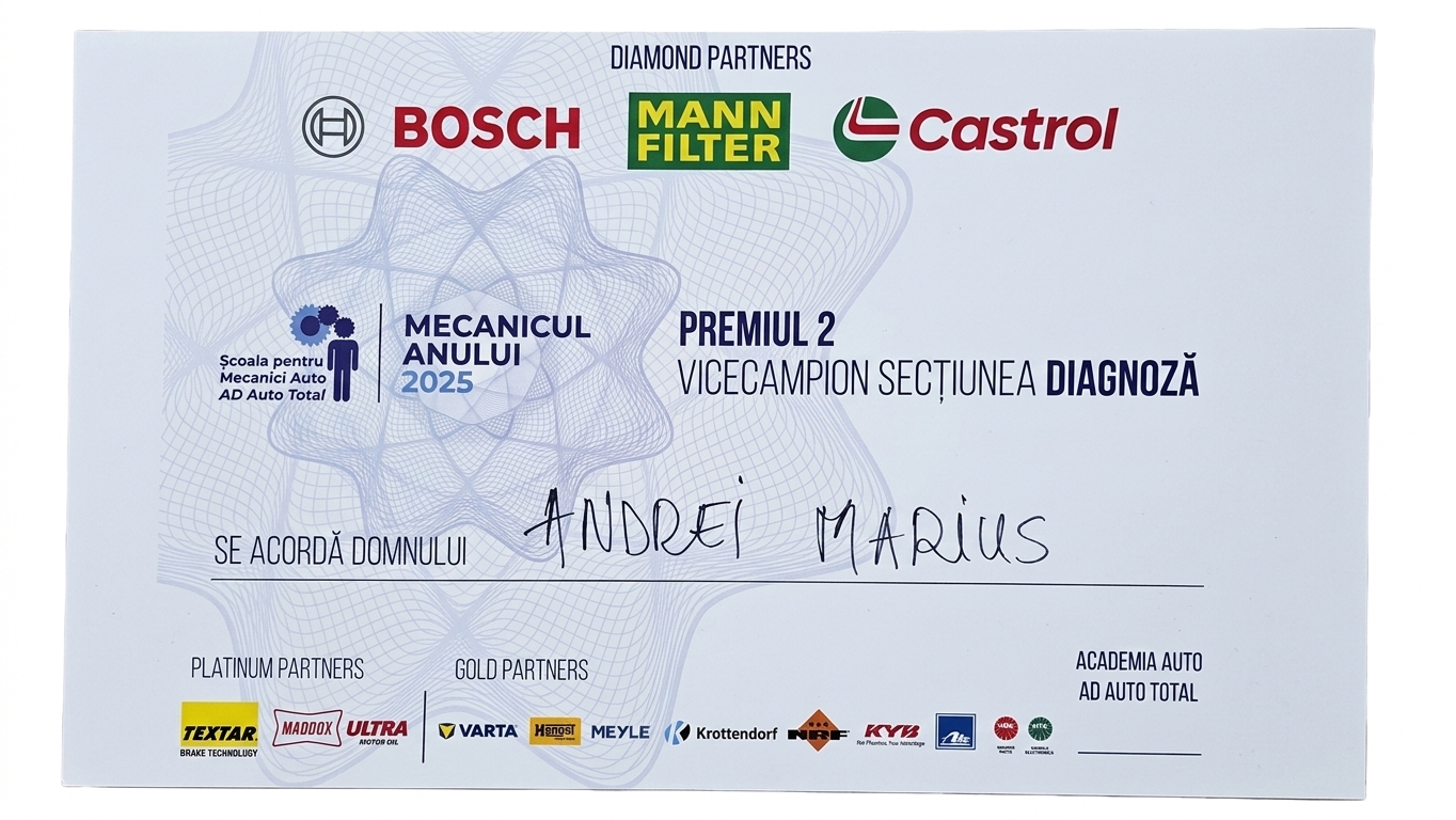 Diploma concursului Mecanicul Anului 2025 — Premiul 2, secțiunea Diagnoză, acordată domnului Andrei Marius.