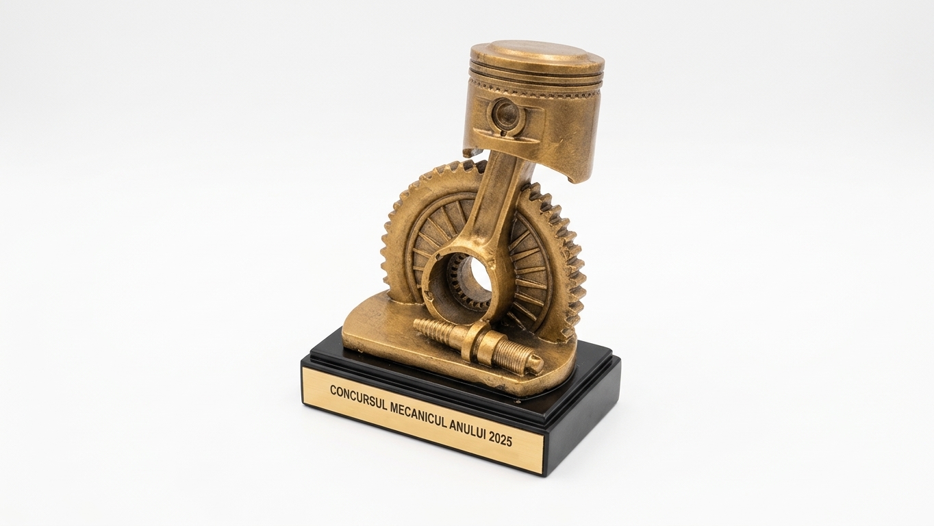 Obiect decorativ oferit la concursul Mecanicul Anului 2025: piston, bielă și pinion din bronz, pe soclu negru cu plachetă gravată.